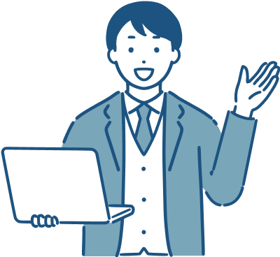 パソコンの設定やキッティングを案内するスタッフのイラスト